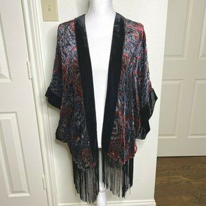 Chico's Travelers L XL Burgundy Gray Black Velvet Burnout Kimono Topper Duster